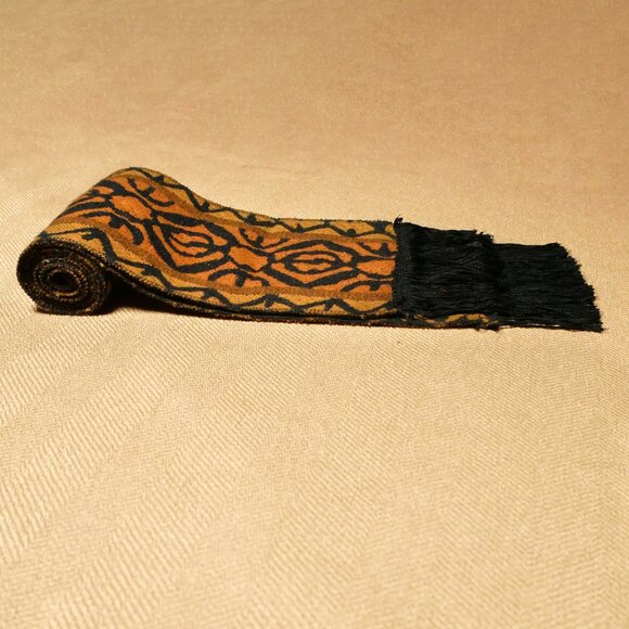 Mens Scarf 100% Wool  / Black & Orange Geometric Patterns - Picture 4 of 5
